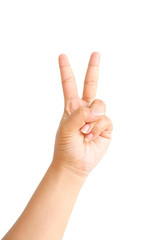 Hand with two fingers up in the peace or victory symbol. Also the sign for the letter V in sign language. Isolated on white.