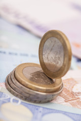 Euro Coins on Euro banknotes