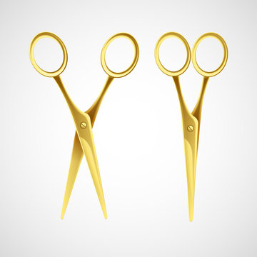 Realistic gold metal scissors. Closed and open stationery or