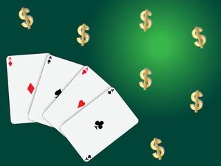 Poker cards on green board with dollar symbols