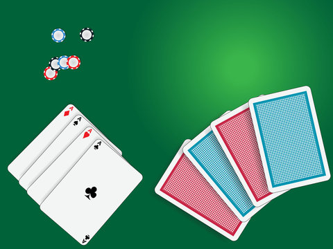 Poker cards on green board with tokens