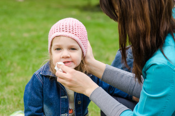 Mother wipes his mouth with a napkin girl on picnic