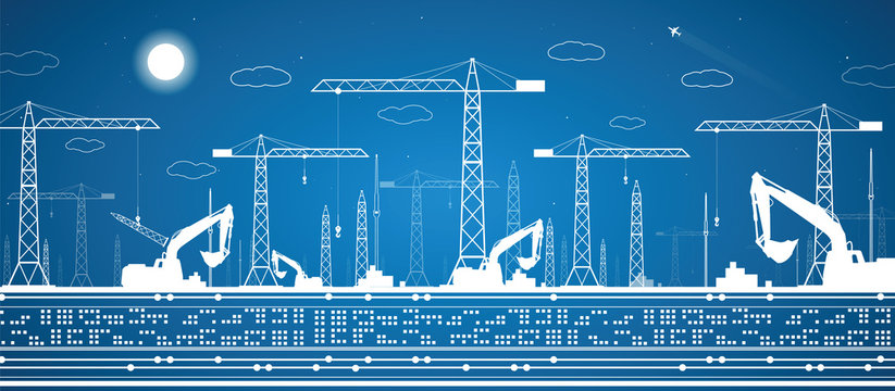 Construction panorama, industrial landscape, building cranes, vector lines design