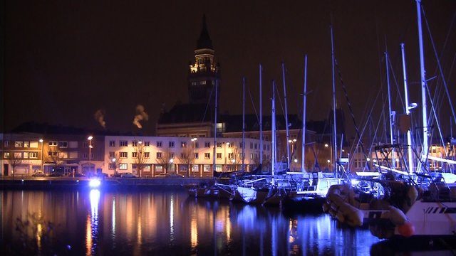 The port and the city of Dunkerque  at night in France