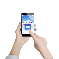 Woman hand holding smart phone finger touching cloud application