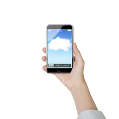 Female hand holding smart phone with white cloud application