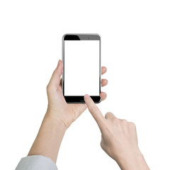 Woman hand holding smart phone finger touching white screen