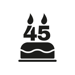 The birthday cake with candles in the form of number 45 icon. Birthday symbol. Flat