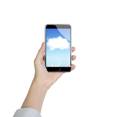 Woman hand holding smart phone with white cloud application