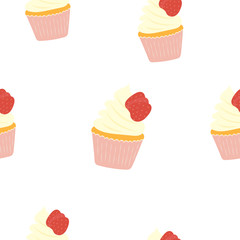 Strawberry cup cake seamless pattern background.