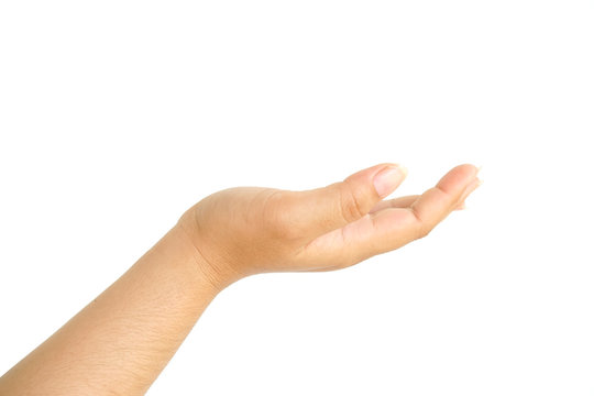 Empty female hand pretending holding something, isolated on white background