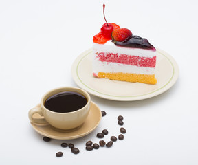 cup of coffee and delicious cake on white background