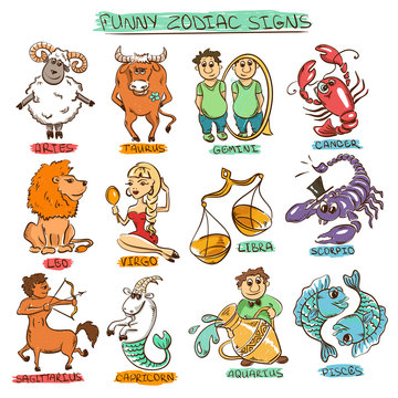 Funny Set of Twelve Isolated Zodiac Signs.