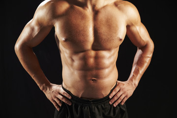 Fototapeta na wymiar Male bodybuilder torso, front view, crop