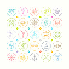 Line drawing vector icon set - Summer vacation, holidays and travel emblems signs and symbols