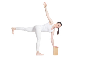 Yoga with props, pose Parivritta Ardha Chandrasana