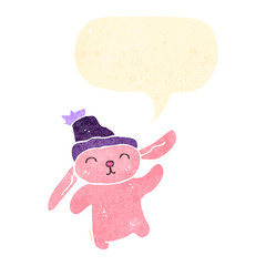 retro cartoon little pink rabbit with speech bubble