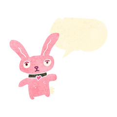 retro cartoon little pink rabbit with speech bubble