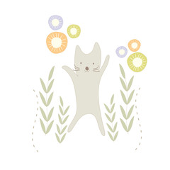 Happy cats on grass flower field background.