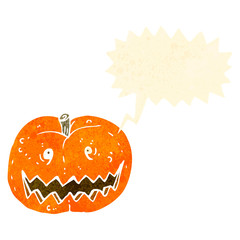 retro cartoon spooky pumpkin with speech bubble