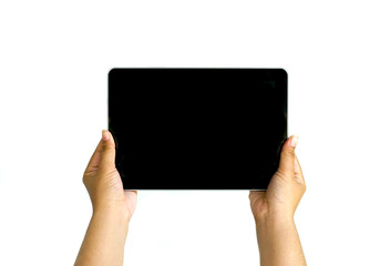 Human hand holding blank mobile smart phone isolated on white background 