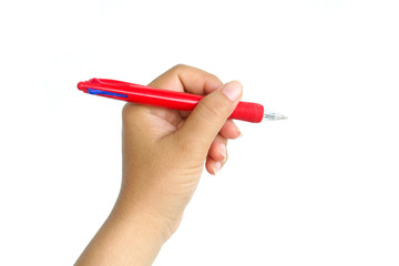 Female hand holding pen to white something isolated on white background