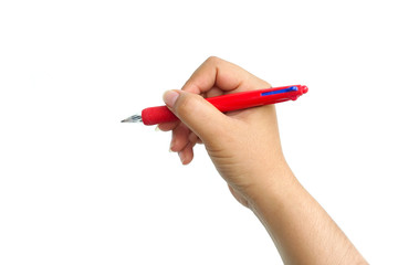 Female hand holding pen to white something isolated on white background