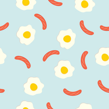 Breakfast seamless background with fried eggs and sausage.