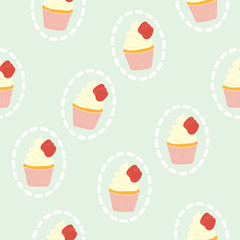 Strawberry cup cake seamless pattern background.