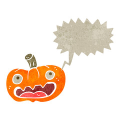 retro cartoon halloween pumpkin with speech bubble
