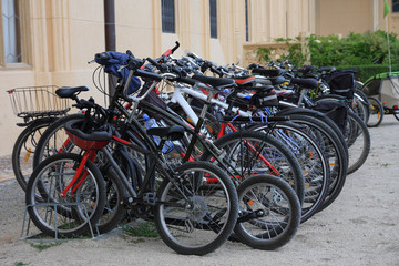 Fototapeta na wymiar Group of bike parking in front of the castle Lednice