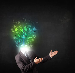 Business man with abstract glowing letters on head