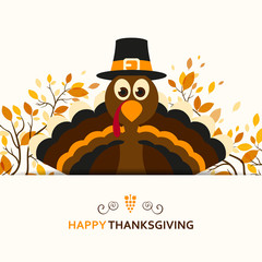 Vector Illustration of a Happy Thanksgiving Celebration Design with Cartoon Turkey and Autumn Leaves - 87916174