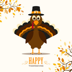Vector Illustration of a Happy Thanksgiving Celebration Design with Cartoon Turkey and Autumn Leaves - 87916187