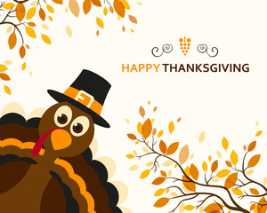 Vector Illustration of a Happy Thanksgiving Celebration Design with Cartoon Turkey and Autumn Leaves