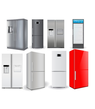 Refrigerators set. Silver fridge with two doors and glass door
