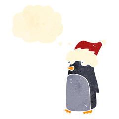 retro cartoon penguin with thought bubble