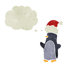 retro cartoon penguin with thought bubble