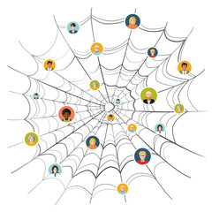 People stuck in complicated spider web, illustration isolated on