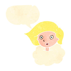 retro cartoon girl with head in clouds,