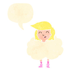 retro cartoon girl with head in clouds,