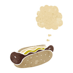retro cartoon hotdog with thought bubble