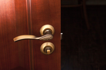 modern style door handle on natural wooden door 