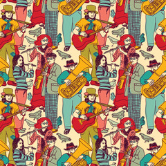 Group street musicians seamless color pattern