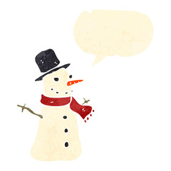 retro cartoon snowman with speech bubble