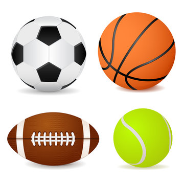 Basketball ball, soccer ball, tennis ball and american football 