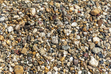 Stones on beach and sea water in bright sunset light