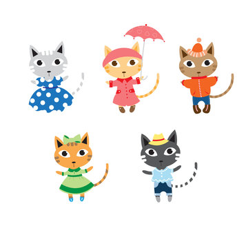 Set with five cute cartoon fashionable cats in different clothes, seasonal clothes.
