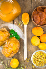 Natural organic dried apricots, apricot jam, and pollen