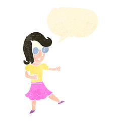 retro cartoon woman with glasses and speech bubble